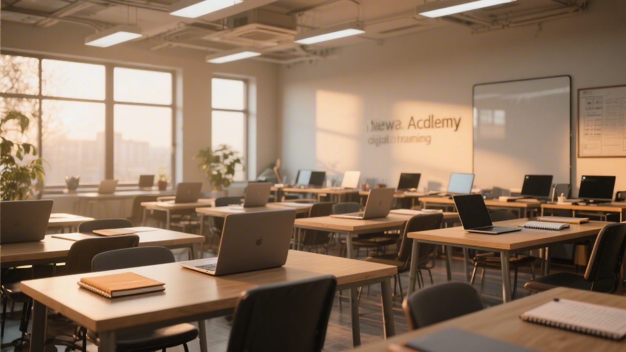 Wide view of a modern academy workspace with desks, notebooks, and laptops, warm lighting and a calm atmosphere representing a new digital training institution.