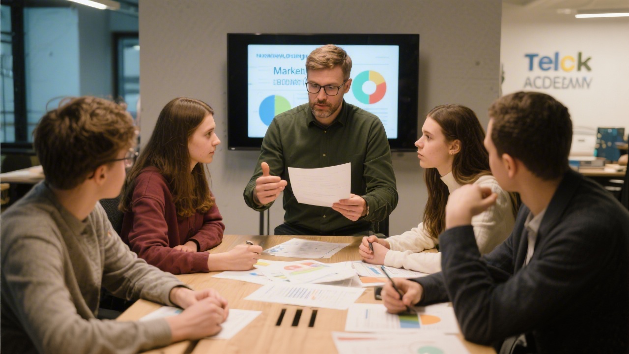 Small group of learners discussing a marketing plan with a mentor, papers and screens on the table, collaborative and focused mood in a tech academy.