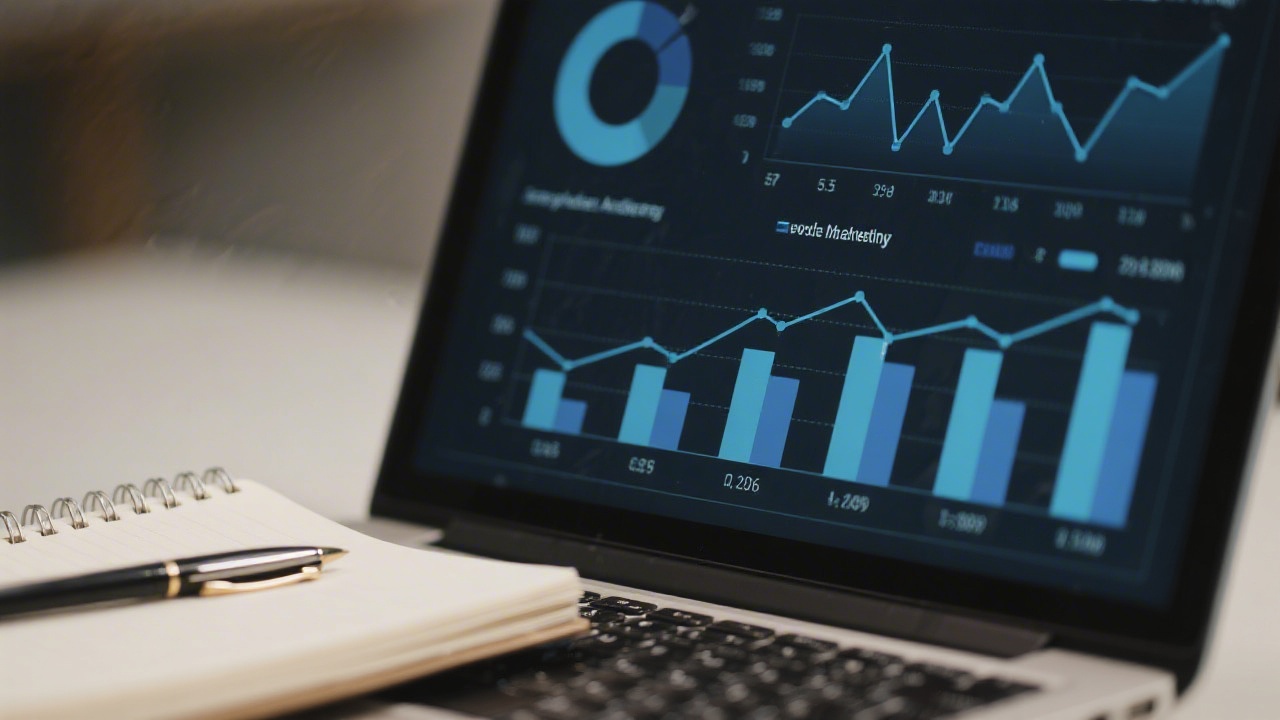Close-up of a laptop screen showing analytics charts, alongside a notebook and pen, representing data-driven marketing practice and structured learning.