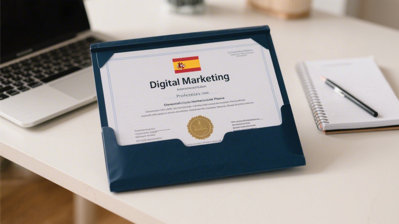 Close-up of a professional certificate folder on a desk with laptop and notepad, representing completion of a structured digital marketing learning pathway in Spain.