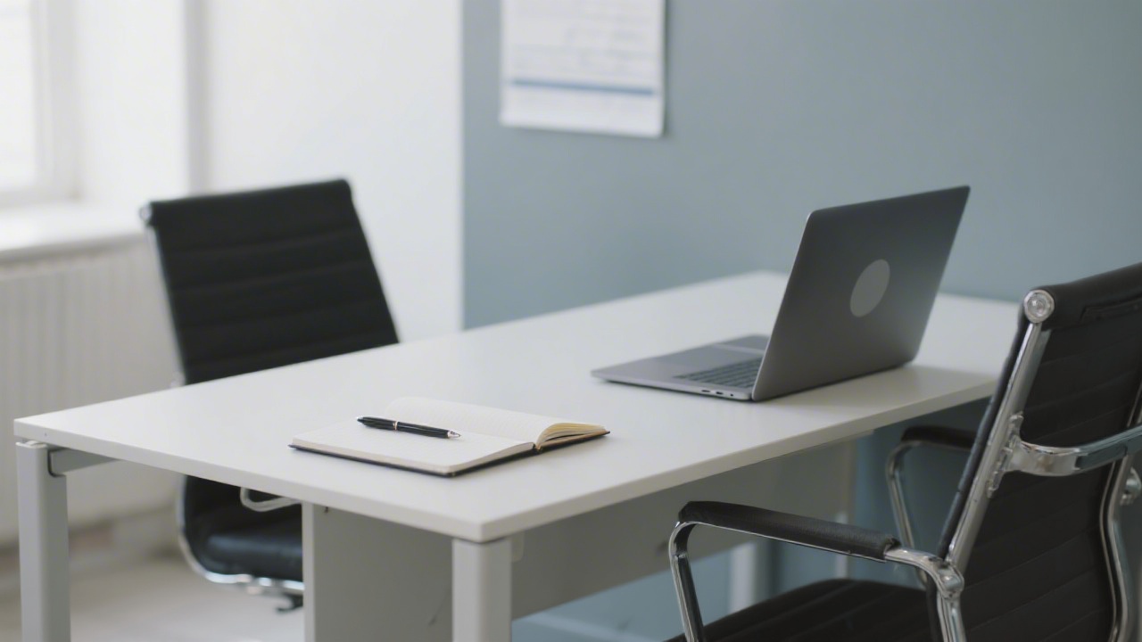 Professional desk with a laptop, notebook, and pen ready for communication, suggesting a contact and advisory environment within a modern academy.