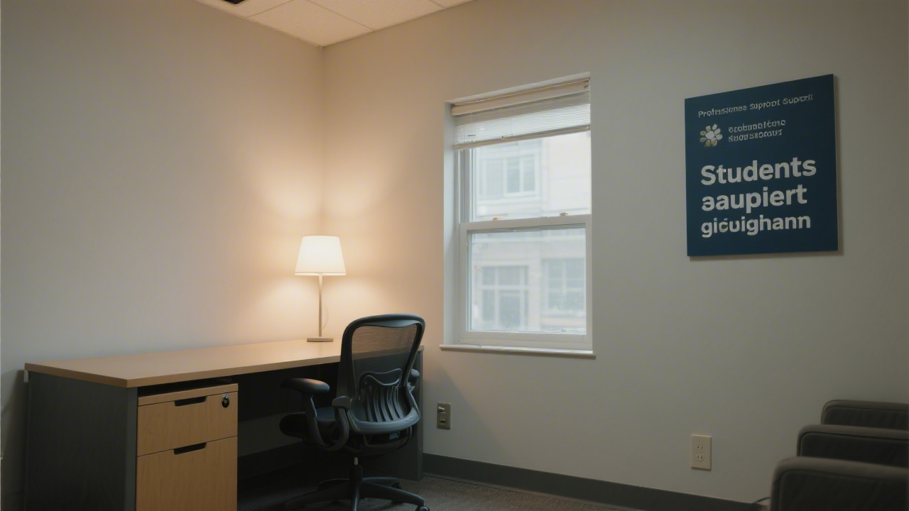 Quiet office interior with soft lighting, chair and desk, representing a professional support environment for students seeking guidance.