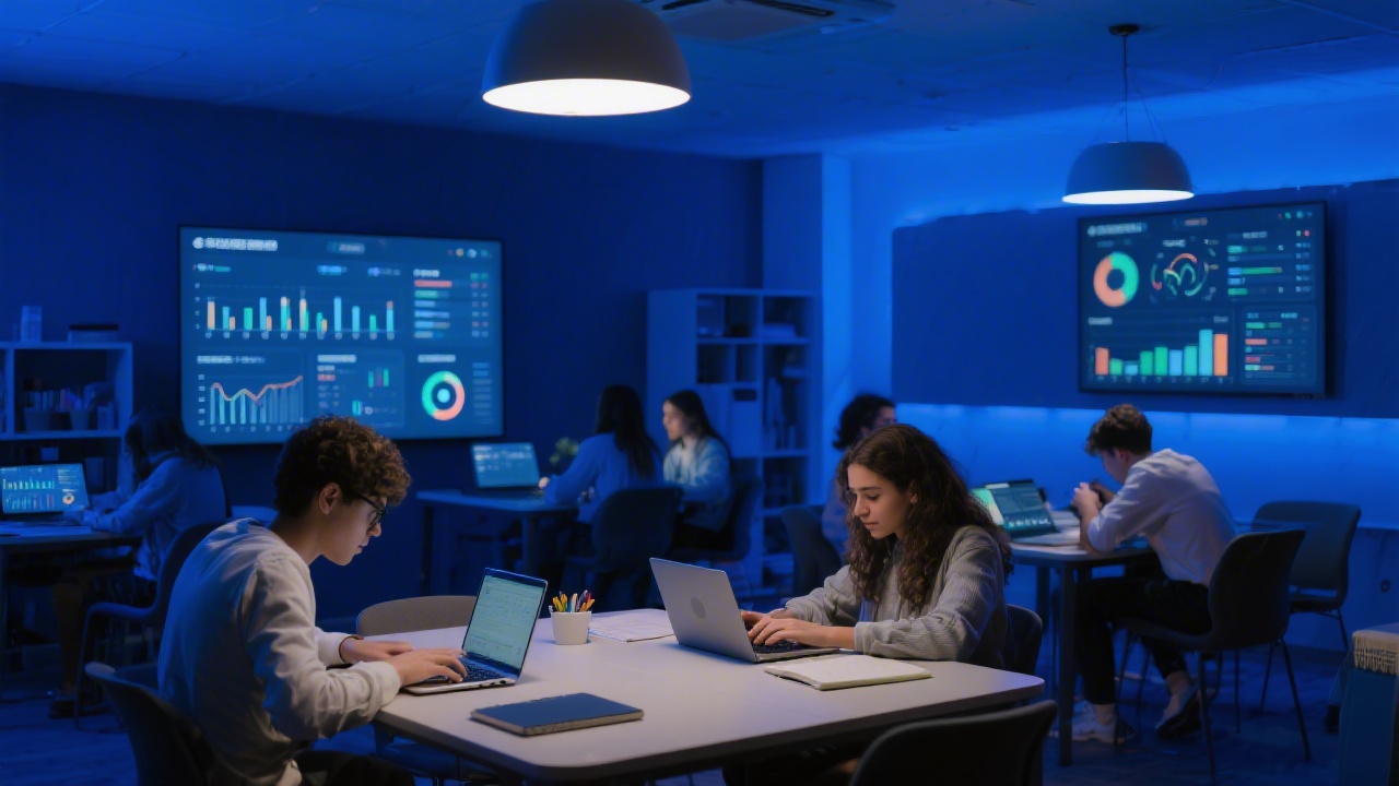 Modern digital learning space with students focused on laptops, notebooks, and screens showing analytics dashboards; calm night-blue lighting and collaborative atmosphere in Spain.