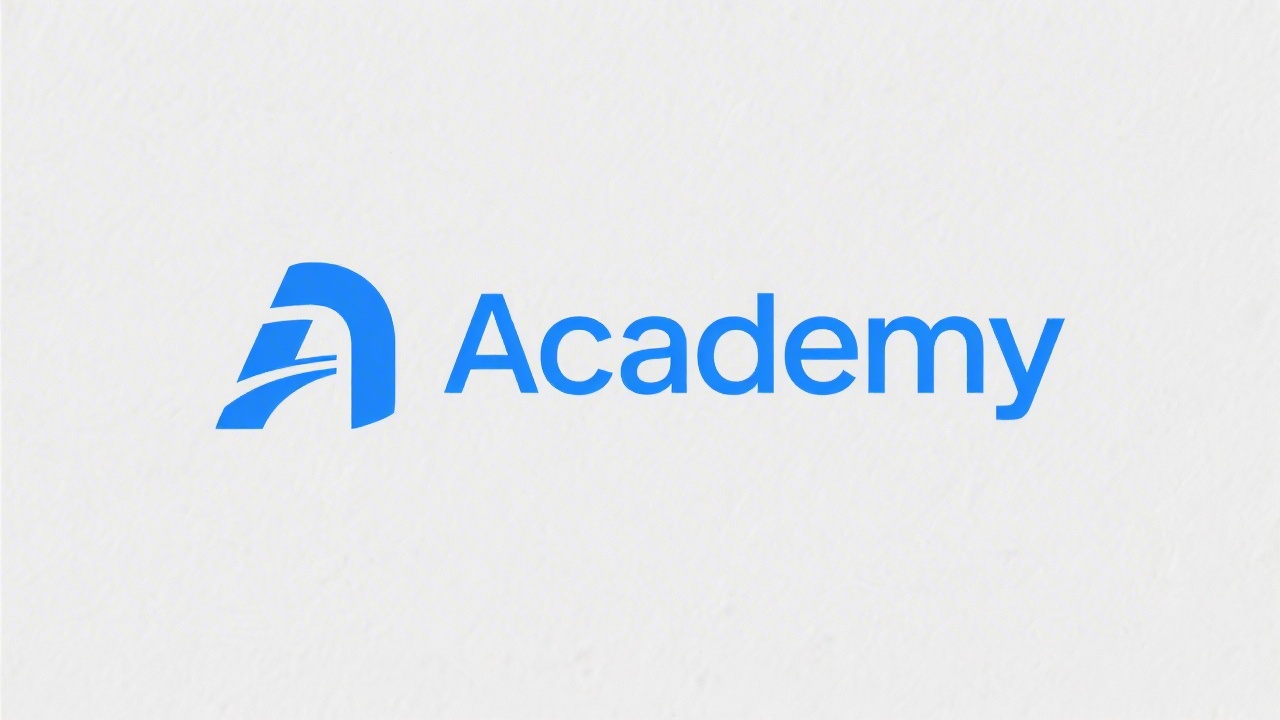 Minimal academy logo featuring a simple geometric lettermark in blue and white, clean lines, no complex shapes, suitable for modern digital education brand.