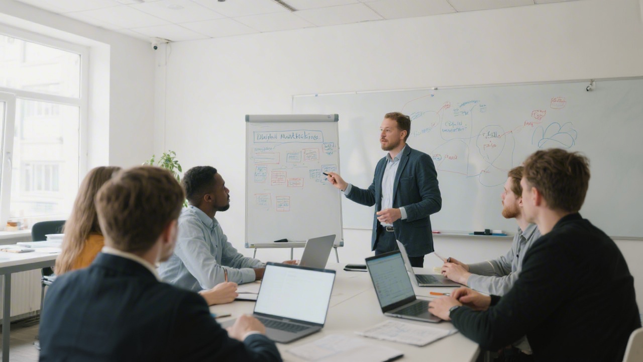 Instructor guiding a small group through a digital marketing workshop with laptops, whiteboard planning, and a calm modern classroom designed for collaborative learning.