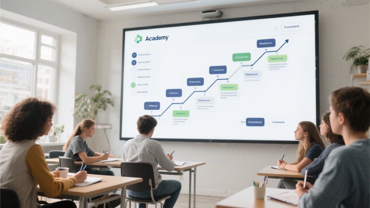 Illustrative view of a digital curriculum roadmap on a large screen with learners taking notes, showing modular structure and progression in an academy setting.