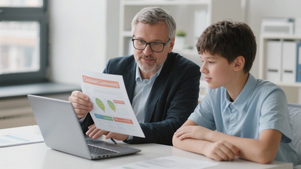 Mentor and student reviewing a digital campaign plan on a laptop, with supportive gestures and professional environment, symbolizing applied guidance.