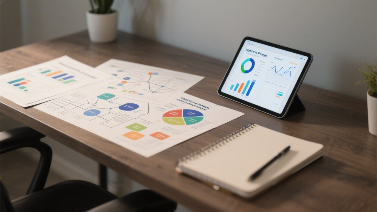 Desk with printed marketing strategy diagrams, a tablet showing campaign metrics, and a notebook, representing specialization areas in digital marketing education.